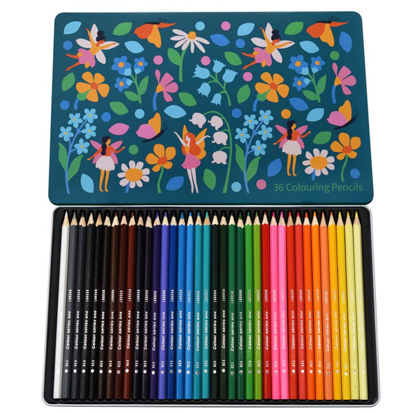 tin 36 colouring pencils fairies