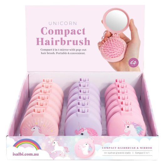 Unicorn compact hairbrush/mirror - 3 assorted