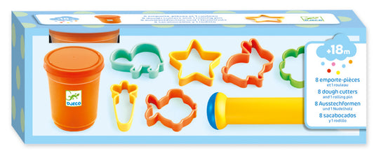 8 cookie cutters and 1 rolling pin