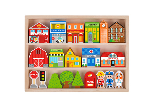town play set in wooden case