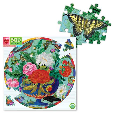 bouquet & birds round 500pc puzzle