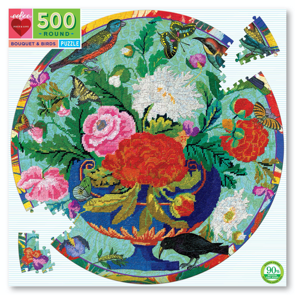 bouquet & birds round 500pc puzzle